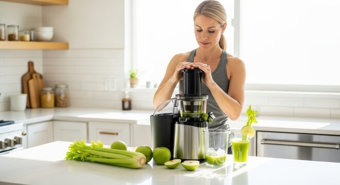 Caucasian female adult juicing green vegetables and apples in modern kitchen - Powered by Adobe