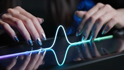 Womans hands manipulating digital sound waveforms on glowing touchscreen. Audio visualization interface with neon waves. Futuristic music production technology concept.