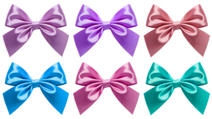 Six colorful satin bows isolated on transparent background