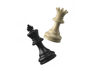 Black king falling near white queen chess pieces isolated on a transparent background