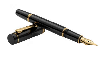 Black and gold fountain pen with cap isolated on a transparent background