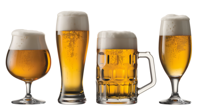 Beer glasses with foam, isolated on transparent background
