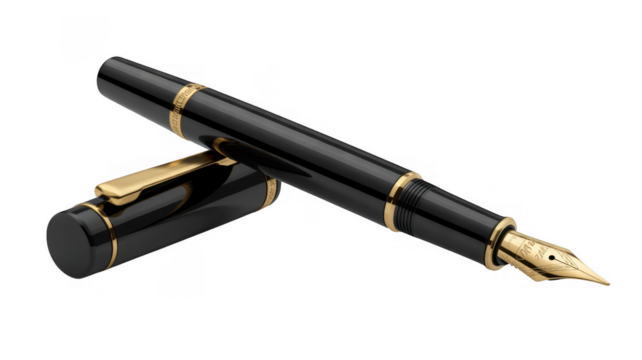 Black and gold fountain pen with cap isolated on a transparent background