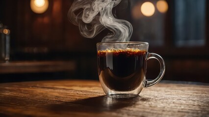 Steaming hot coffee in a clear glass mug on a wooden table