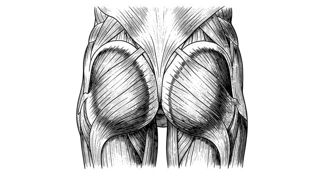Anatomical drawing of human gluteal and leg muscles in vintage style