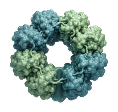 3D model of a DNA helicase enzyme featuring a hexameric ring structure and central channel.