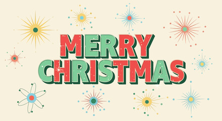 Retro Merry Christmas with vibrant starbursts perfect for holiday cards, invitations, and festive designs with a nostalgic charm and joyous spirit