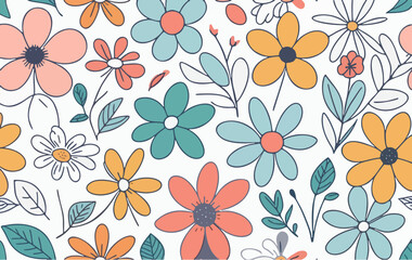 Floral Pattern of Colorful Flowers and Leaves in a Seamless, Botanical, and Decorative Design