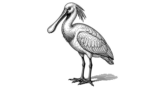 Detailed black and white engraving of a roseate spoonbill bird in profile view