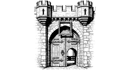 Fototapeta premium Medieval castle gate with towers in detailed line art style