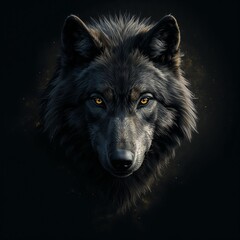 Black Wolf Face with Golden Accents – Hyper Realistic Wildlife Illustration on Dark Background