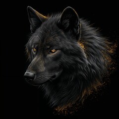 Black Wolf Portrait with Golden Dust on Black Background – Elegant Wild Animal Illustration