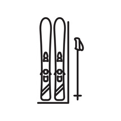 Black and white vector icon of ski equipment with skis and pole winter sports illustration