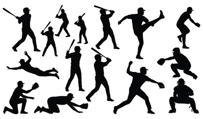 Baseball players silhouettes collection, dynamic sports action poses vector set Vector