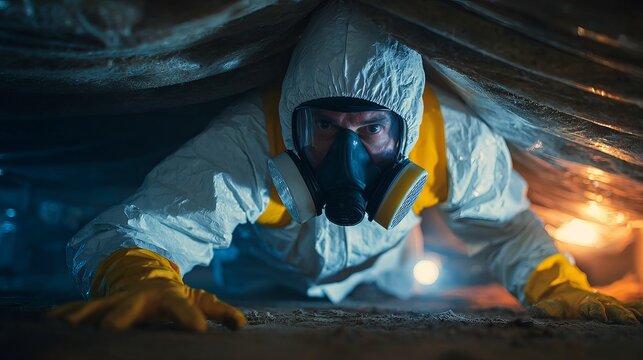Dedicated environmental worker in protective suit inspecting crawl space for mold or asbestos removal service with focused determination and professionalism
