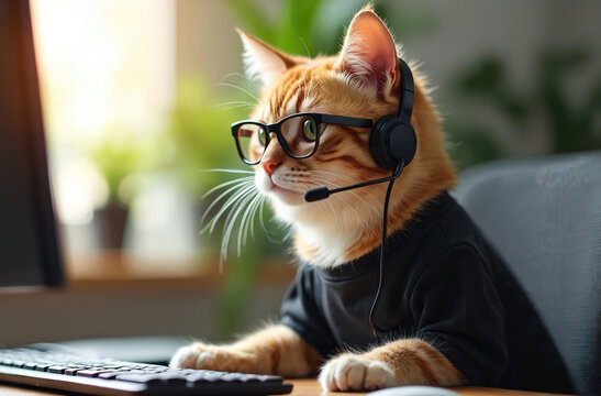 Orange cat wears glasses and headset typing on computer keyboard. Feline telecommuter works at desk. Pet in office uses tech for job. Focused animal with tech gear.
