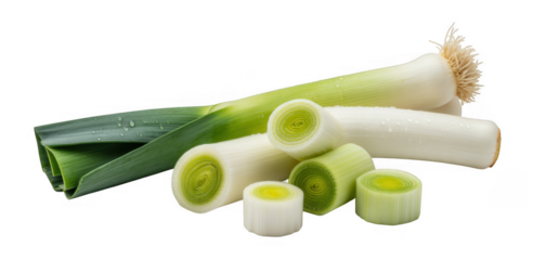 Fresh leeks with water droplets and sliced pieces isolated on a transparent background