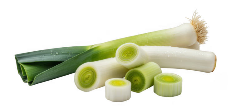 Fresh leeks with water droplets and sliced pieces isolated on a transparent background - Powered by Adobe