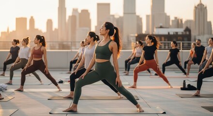 Group yoga class on rooftop with diverse young adults overlooking city at sunset
