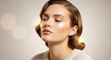 Elegant young woman with smooth styled hair and radiant skin in a