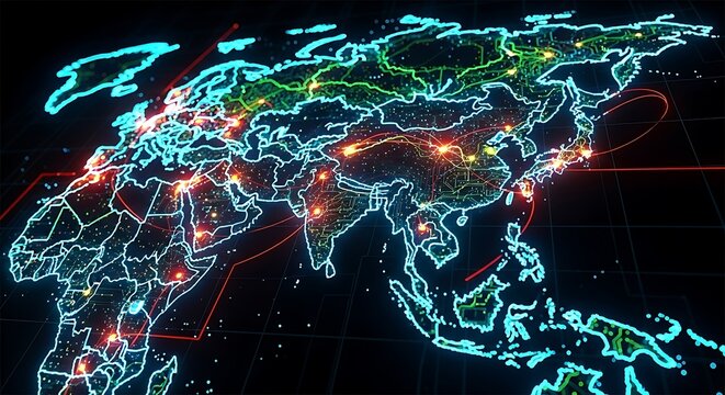 Digital World Map with Glowing Connections and Lights