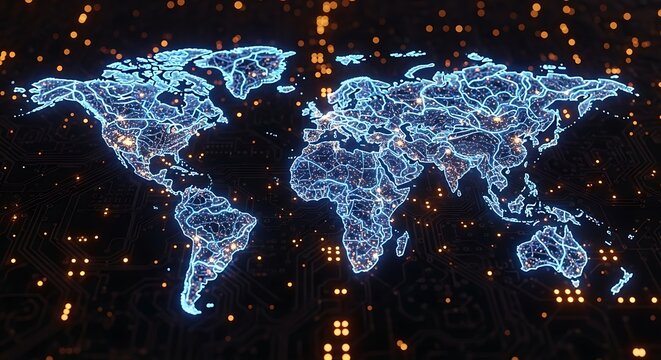 Digital World Map with Glowing Network Connections