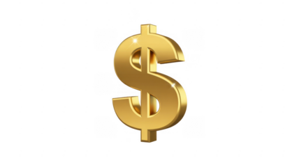 Golden dollar sign symbol with reflections isolated on a transparent background