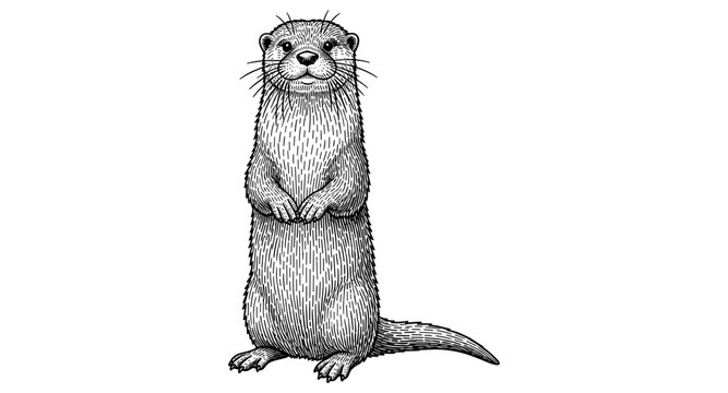 Detailed black and white drawing of a standing otter with intricate fur patterns