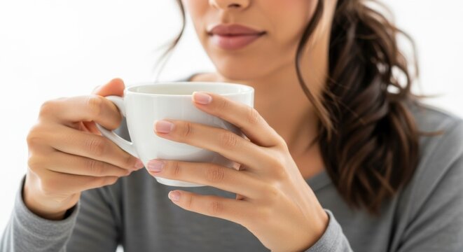 Serene woman enjoying a quiet moment with a warm cup of coffee or