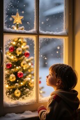 A young child looks through a snowy, frosty window at a brightly lit Christmas tree decorated with golden and red ornaments outside in the cold winter evening.