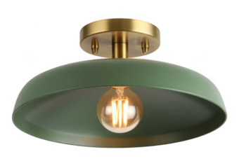 Green metal dome ceiling light with brass base and Edison bulb isolated on a transparent background