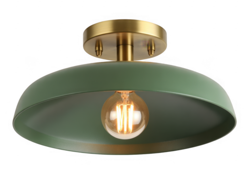 Green metal dome ceiling light with brass base and Edison bulb isolated on a transparent background