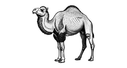 Detailed black and white engraving of a camel facing forward with textured fur