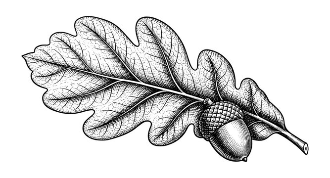 Detailed hand-drawn oak leaf with acorn in vintage engraving style