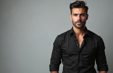 Obraz premium Handsome man in black shirt poses against a grey backdrop. He has a stylish haircut and beard. Confident male model in studio setting. Portrait of a fashionable guy.