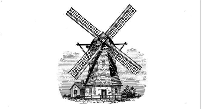 Detailed engraving of a classic windmill with blades and rustic house