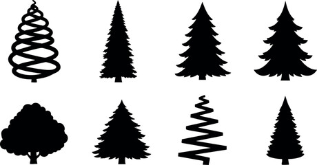 Fototapeta premium Black tree silhouettes set with pine fir and leafy shapes isolated on white background vector illustration