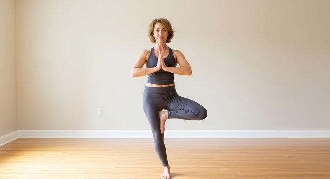 Caucasian female adult practicing yoga in tree pose in minimalist room