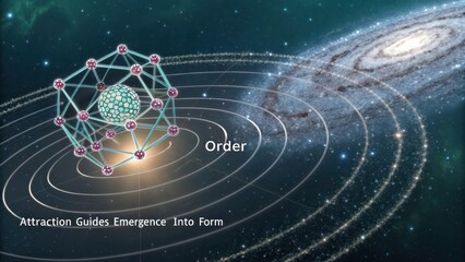 A complex geometric structure with orbiting planets emerges from cosmic dust and a distant galaxy, representing order and creation.
