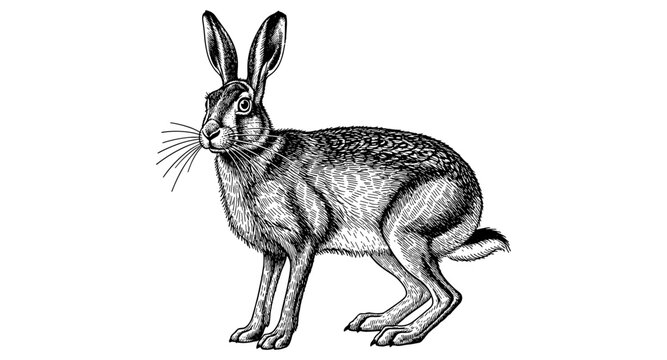 Hand-drawn hare in detailed vintage style, black and white animal art
