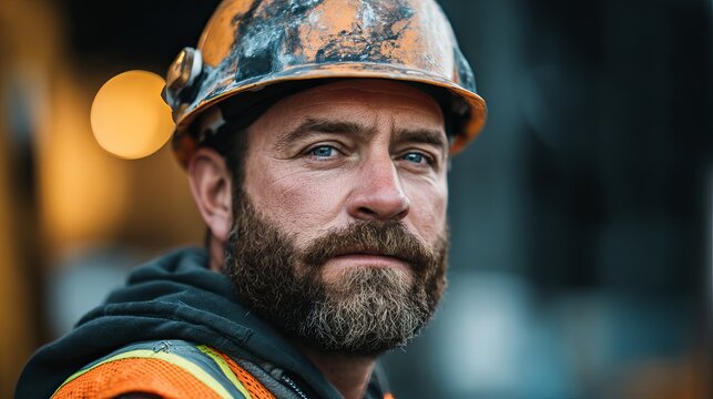 Focused construction worker with determined gaze wearing hard hat and safety vest, perfect for showcasing resilience and hard work in demanding industries - Powered by Adobe