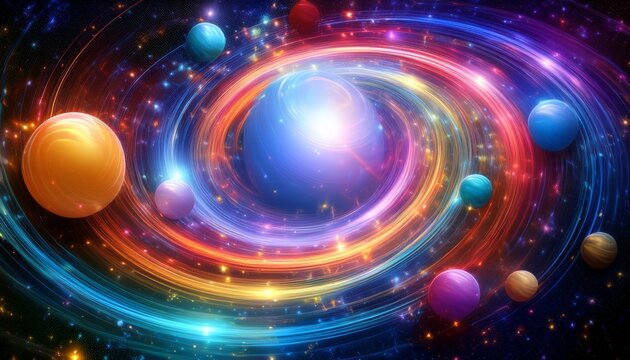 colorful swirls and glowing spheres create a dynamic scene of cosmic energy and beauty in deep space - Powered by Adobe