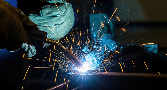 Welder's gloved hand creating sparks with welding torch