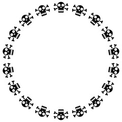 Simple skull with cossbone icons arranged in a circular border on. Warning or danger frame border theme