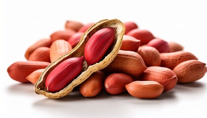 pile of peanuts one split revealing red seed shells