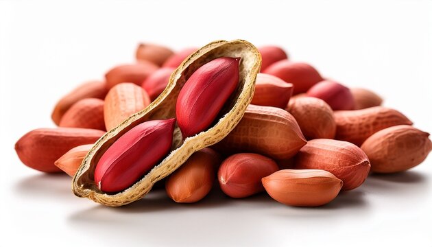 pile of peanuts one split revealing red seed shells