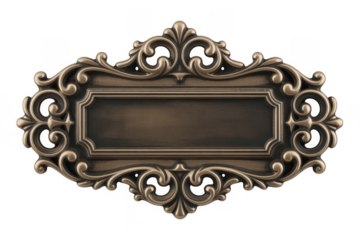 Ornate bronze decorative plaque with empty rectangular space isolated on a transparent background