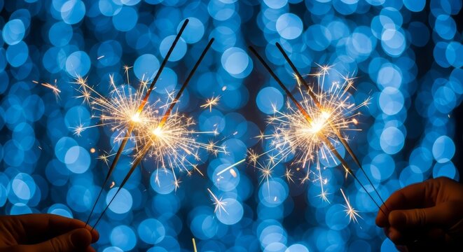 Sparkling celebration with two handheld sparklers against a backdrop of soft blue bokeh lights - Powered by Adobe