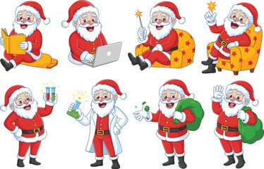Cartoon Santa Claus vector set featuring various poses including working on laptop, reading book, doing science experiments, and waving hello.
