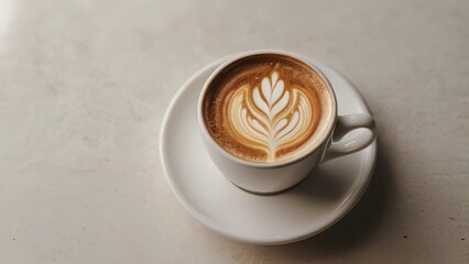 A perfectly crafted latte with delicate rosetta art served in a white cup